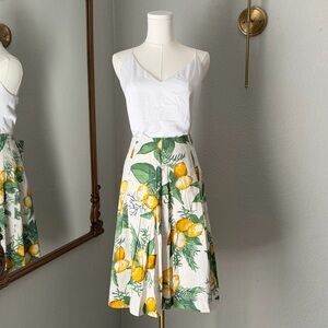 Talbots Lemon Skirt 8 White Fruit Print A-Line Midi Cottagecore Italian Summer